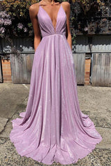 V Neck Prom Dress Satin Long Purple Evening Dress