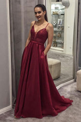 V Neck Prom Dress Satin Sequin Long Burgundy Evening Dress
