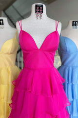 V Neck Prom Dress Straps Ruffle Chiffon Evening Dress with Split