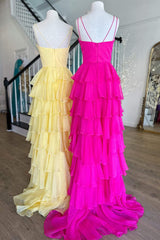 V Neck Prom Dress Straps Ruffle Chiffon Evening Dress with Split