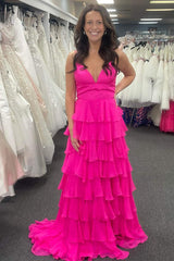 V Neck Prom Dress Straps Ruffle Chiffon Evening Dress with Split