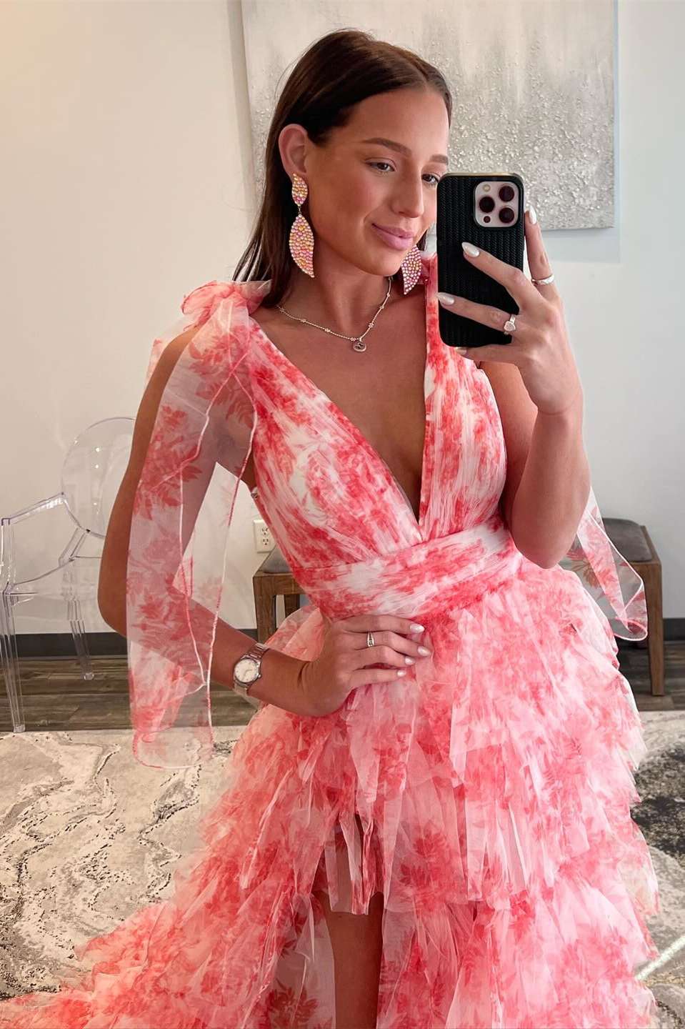 V Neck Prom Dress Tie Straps Red Prom Dress Floral Print Layered Long Evening Dress