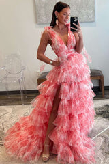 V Neck Prom Dress Tie Straps Red Prom Dress Floral Print Layered Long Evening Dress