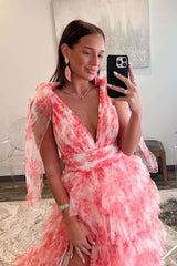 V Neck Prom Dress Tie Straps Red Prom Dress Floral Print Layered Long Evening Dress