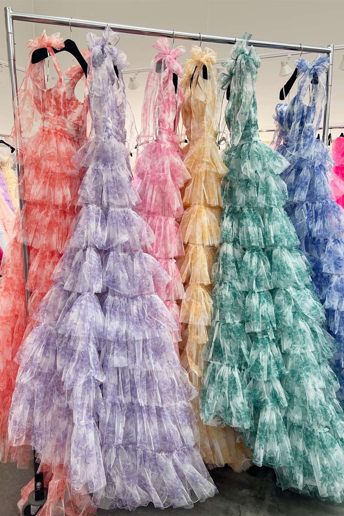 V Neck Prom Dress Tie Straps Red Prom Dress Floral Print Layered Long Evening Dress