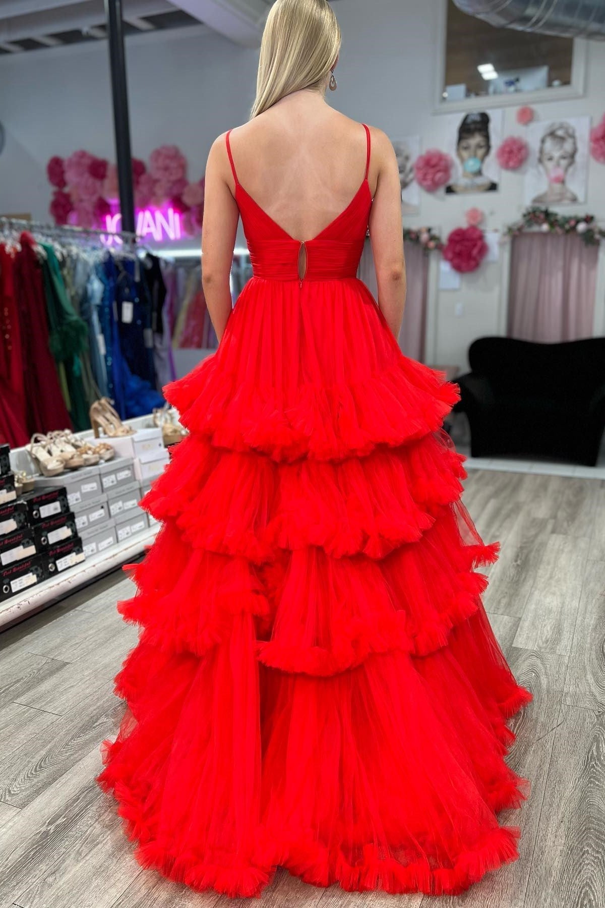 V Neck Prom Dress Tulle A Line Evening Dress with Layered Ruffles
