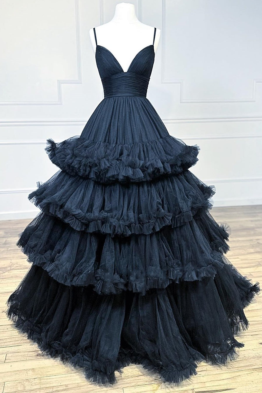 V Neck Prom Dress Tulle A Line Evening Dress with Layered Ruffles