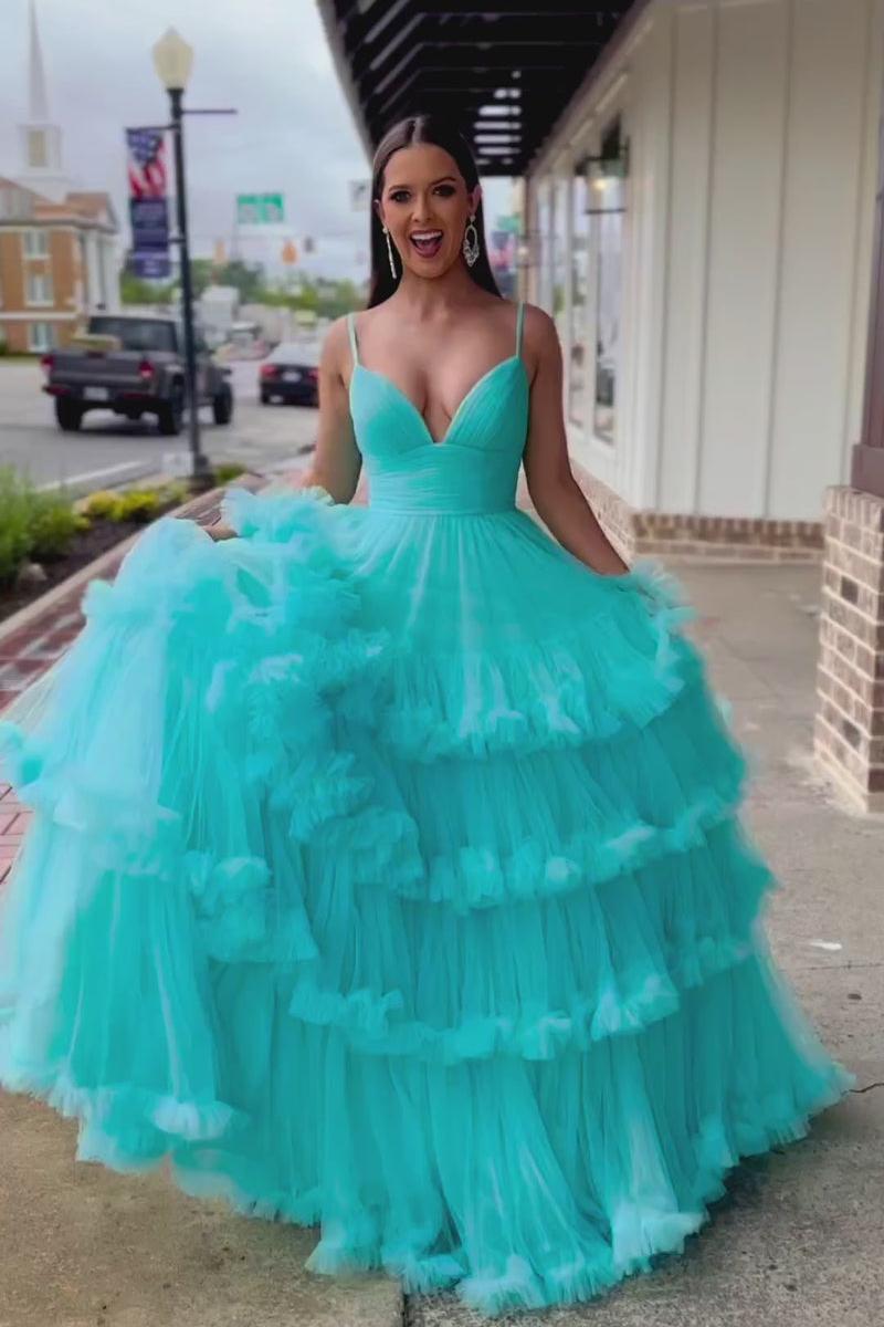 V Neck Prom Dress Tulle A Line Evening Dress with Layered Ruffles
