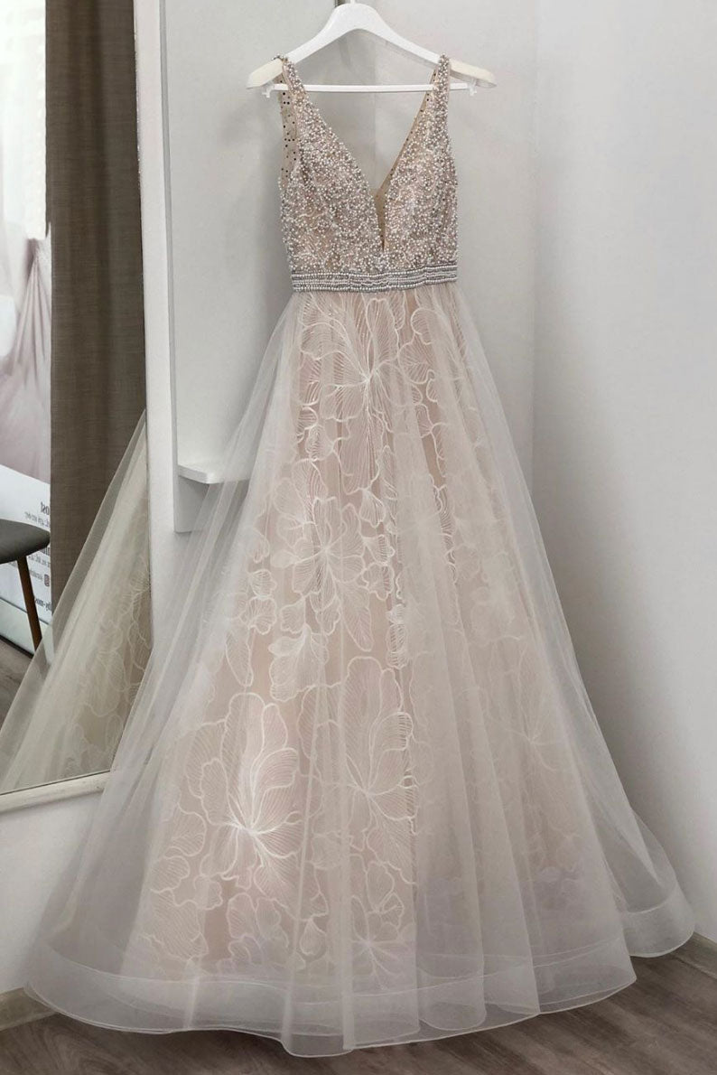 V Neck Prom Dress Tulle Beaded Long Champagne Evening Dress