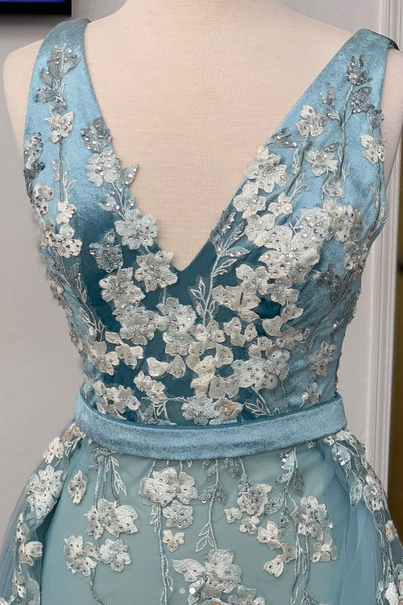 V Neck Prom Dress Tulle Lace Long Evening Dress