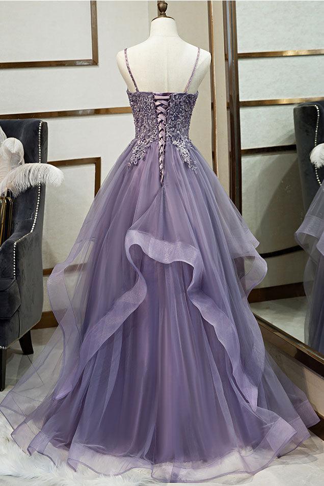 V Neck Prom Dress Tulle Lace Long Formal Dress Evening Dress