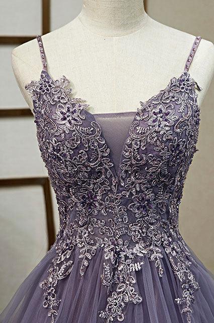 V Neck Prom Dress Tulle Lace Long Formal Dress Evening Dress