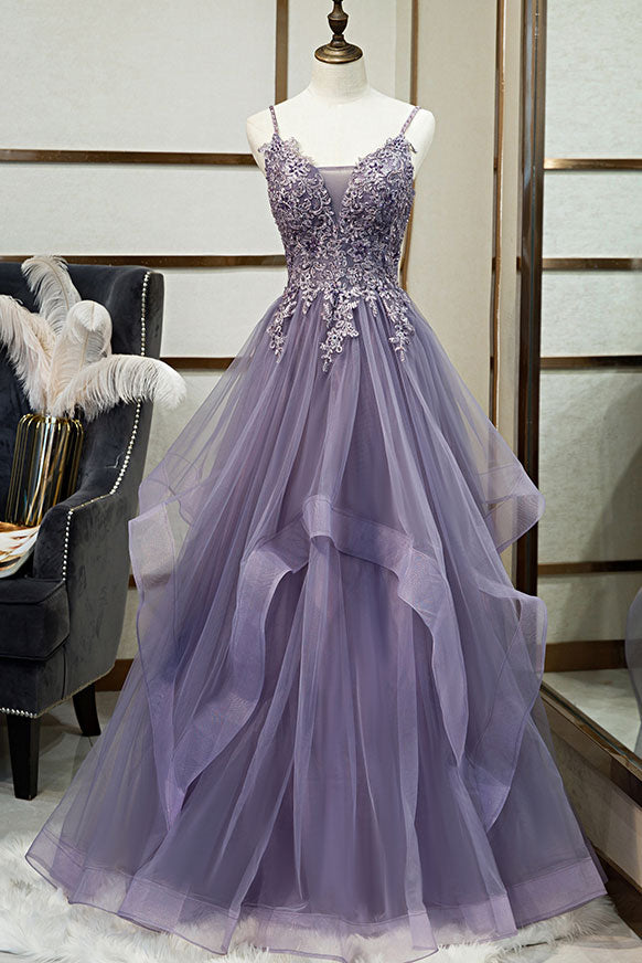 V Neck Prom Dress Tulle Lace Long Formal Dress Evening Dress