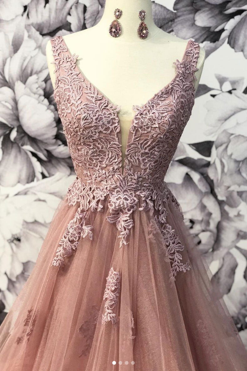 V Neck Prom Dress Tulle Lace Long Formal Gown Evening Dress