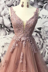 V Neck Prom Dress Tulle Lace Long Formal Gown Evening Dress