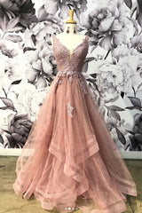 V Neck Prom Dress Tulle Lace Long Formal Gown Evening Dress