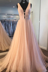 V Neck Prom Dress Tulle Long Formal Dress Evening Dress