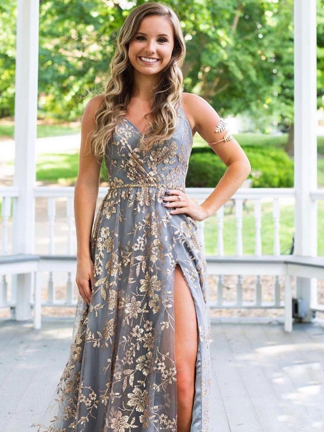 V Neck Prom Dress Tulle Sequin Long Formal Evening Dress