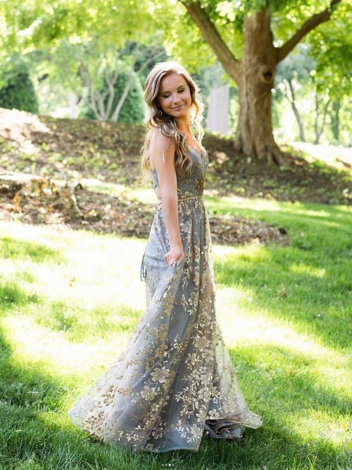 V Neck Prom Dress Tulle Sequin Long Formal Evening Dress