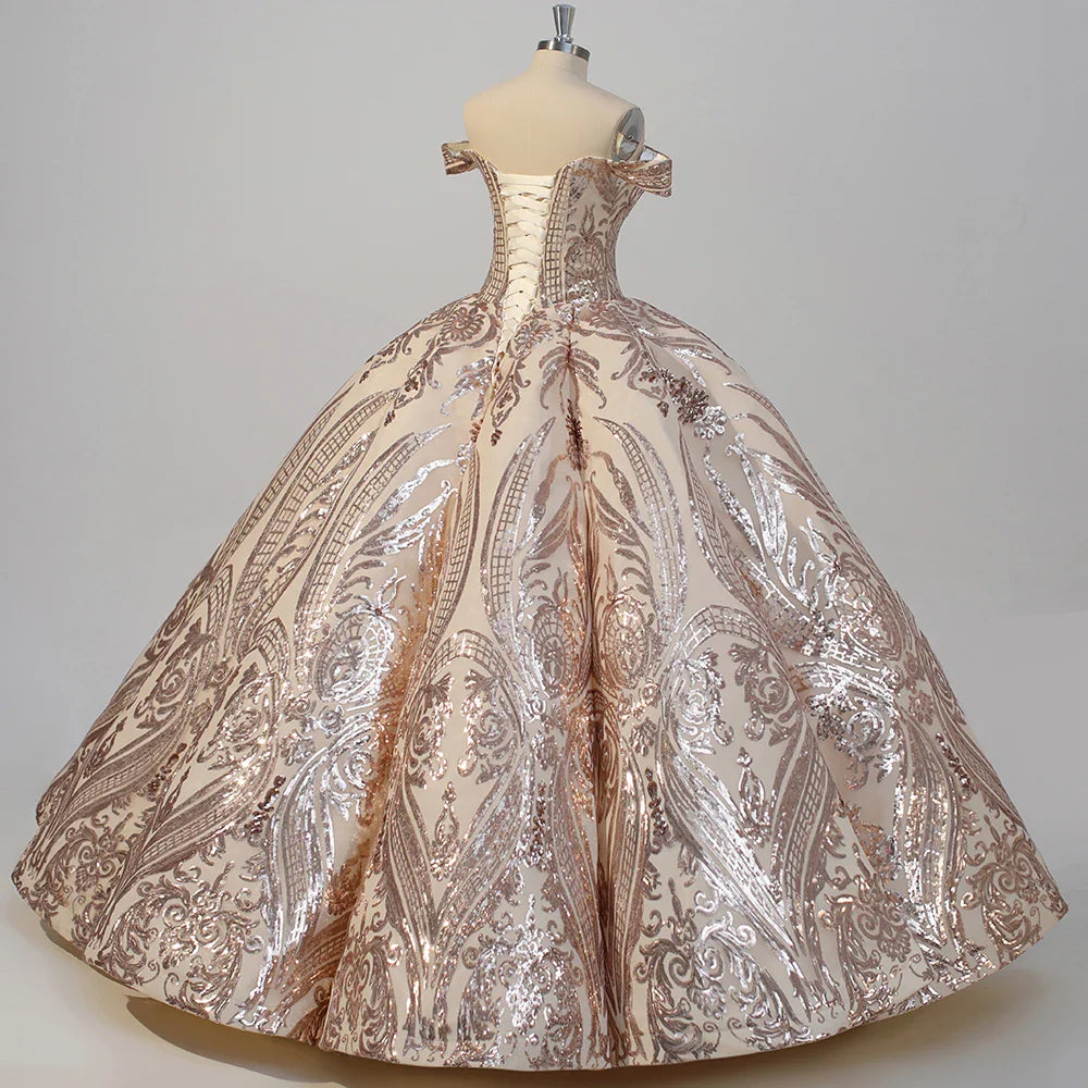 V-Neck Sequin Off The Shoulder Quinceanera Dress Ball Gown Sweep Train Princess Party Prom Dress