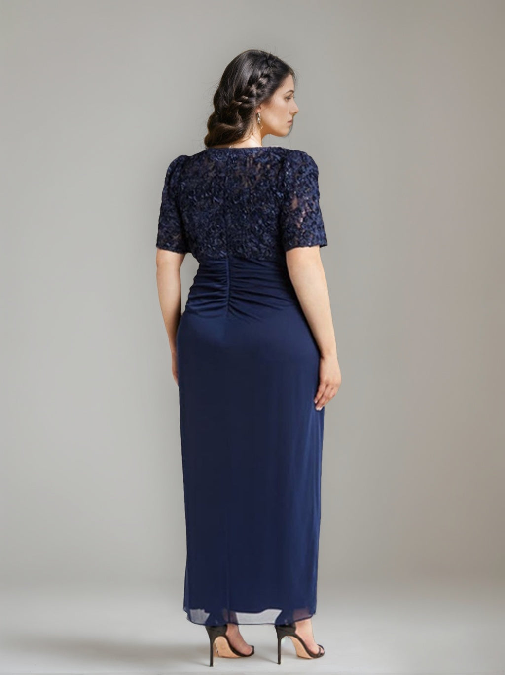 V-Neck Short-Sleeve Ankle-Length Plus Size Sheath/Column Mother of the Bride Dress with Sequins & Ruches