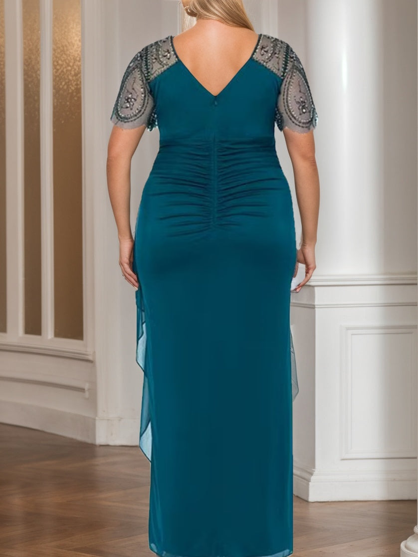 V-Neck Short-Sleeve Beaded Lace Ankle-Length Plus-Size Mother of the Bride Sheath Dress