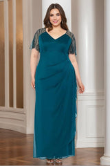 V-Neck Short-Sleeve Beaded Lace Ankle-Length Plus-Size Mother of the Bride Sheath Dress