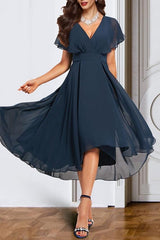 V-Neck Short Sleeve Chiffon Mother of the Bride A-Line Dress with Belt