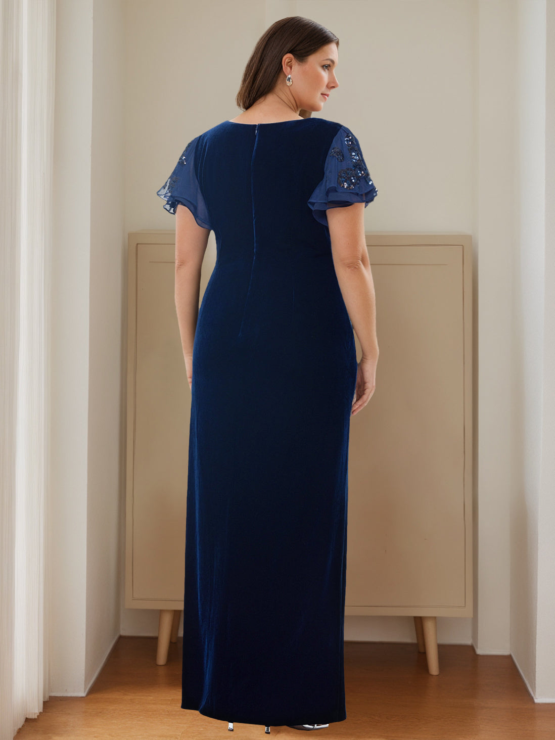 V-Neck Short Sleeve Floor-Length Velvet Sheath Dress with Ruffles and Appliques for the Mother of the Bride