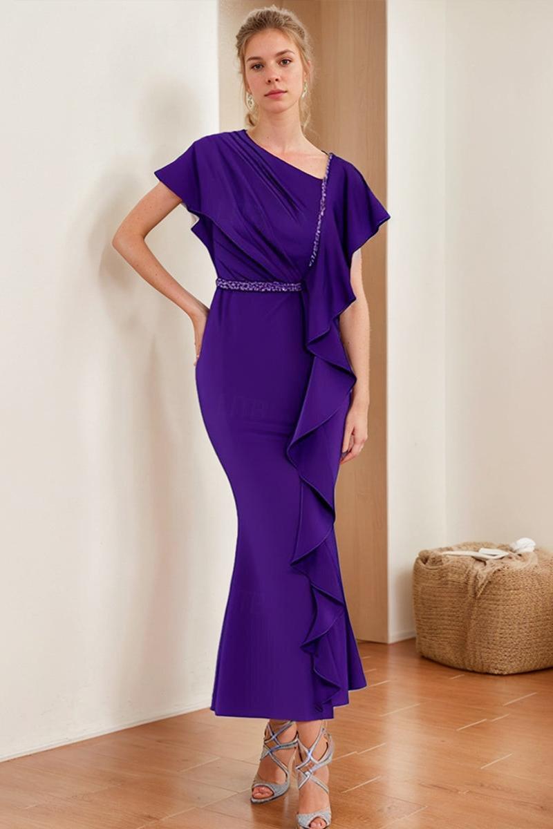 V-Neck Short-Sleeve Sheath Dress with Ruffles and Rhinestones for Mothers of the Bride & Groom