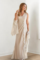 V-Neck Sleeveless Floor-Length Mother of the Bride Gown with Wraps & Ruffles