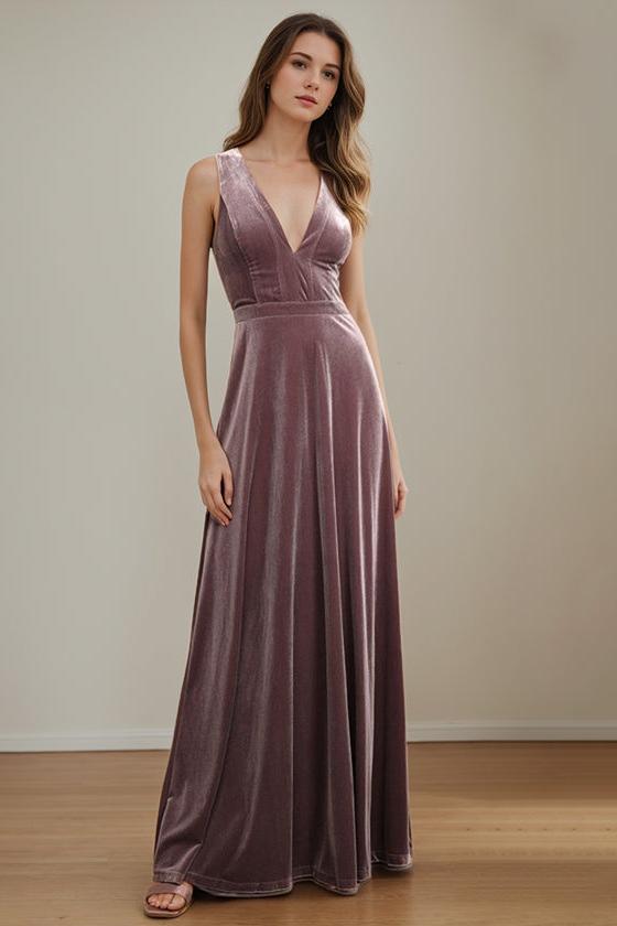 V-Neck Sleeveless Velvet Mother of the Bride A-Line Floor-Length Dress