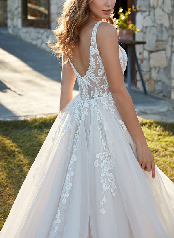 V Neck Sweep Train Tulle Wedding Dress With Lace