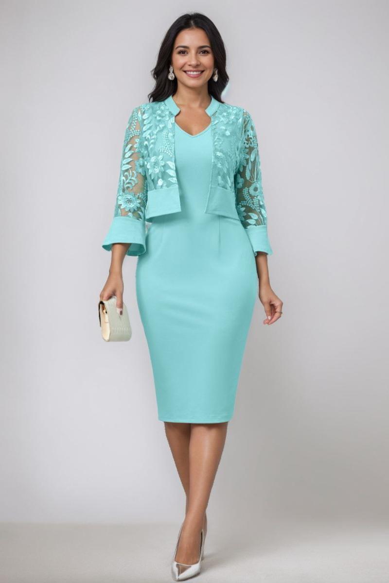 V-Neck Tea-Length Mother of the Bride Sheath/Column Dresses with Appliques and Jacket