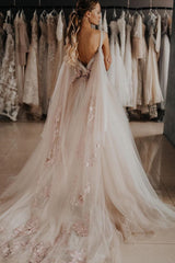 V Neck Tulle Ivory Wedding Dress A Line Bridal Gown with Watteau Train