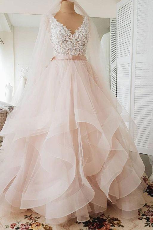 V Neck Tulle Lace Wedding Dress Long Sleeveless Bridal Gown