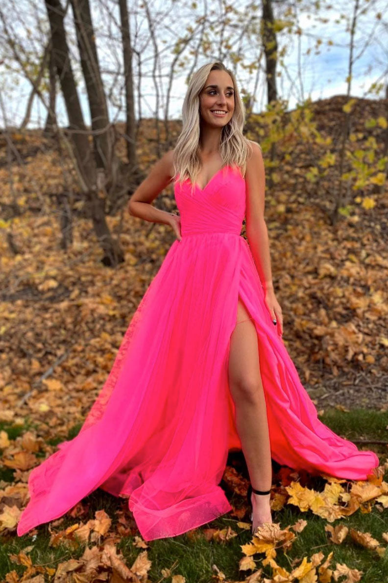 V Neck Tulle Pink Prom Dress Formal Evening Dress