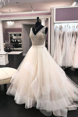 V Neck Wedding Dress Beaded Tulle Long Tulle Bridal Gown