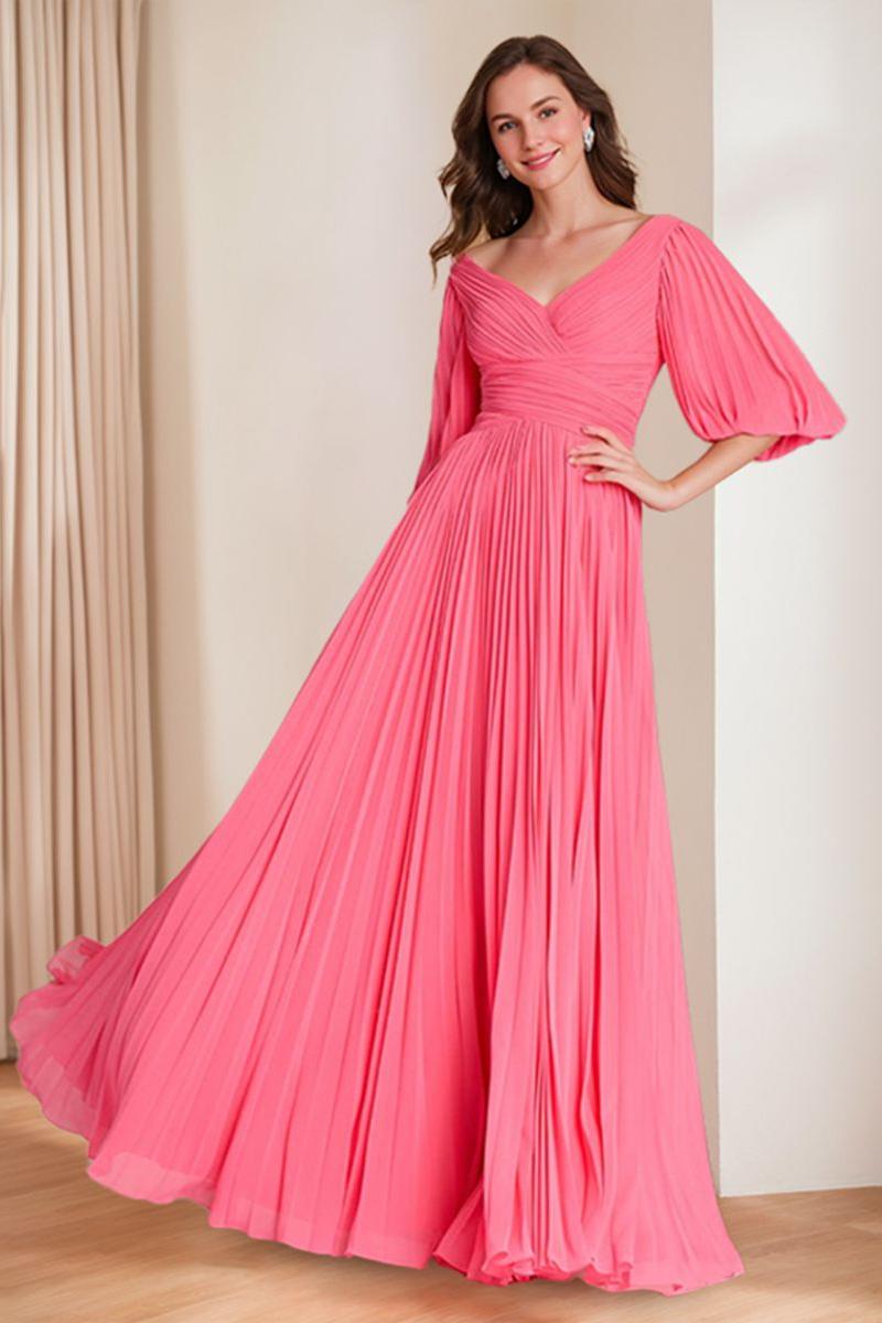 V-neck A-Line Princess Floor-Length Mother of the Bride Dress with 3/4 Sleeves and Ruffles