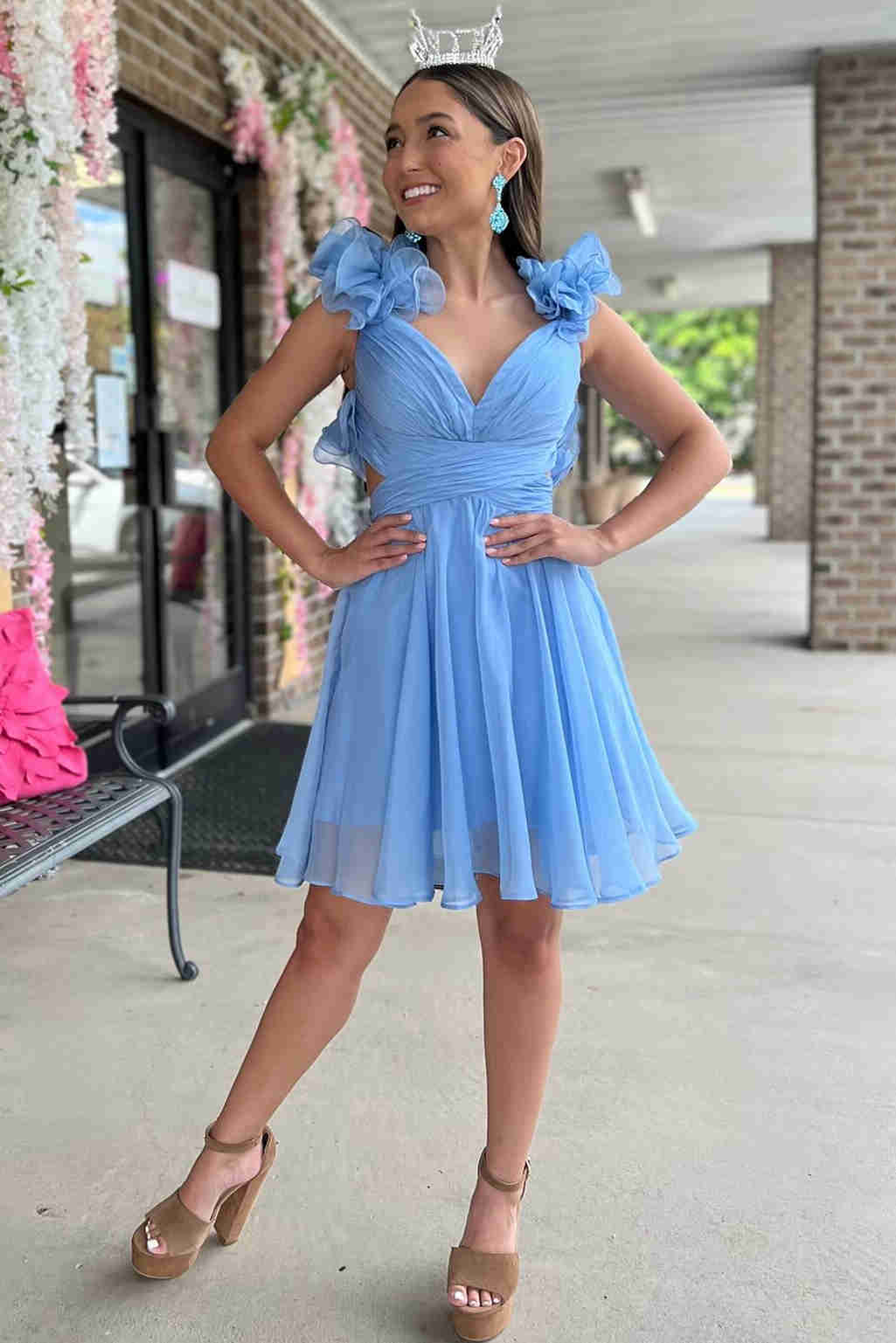 V neck Homecoming Dress Sky Blue Pleated A Line Short Party Cocktail Dress