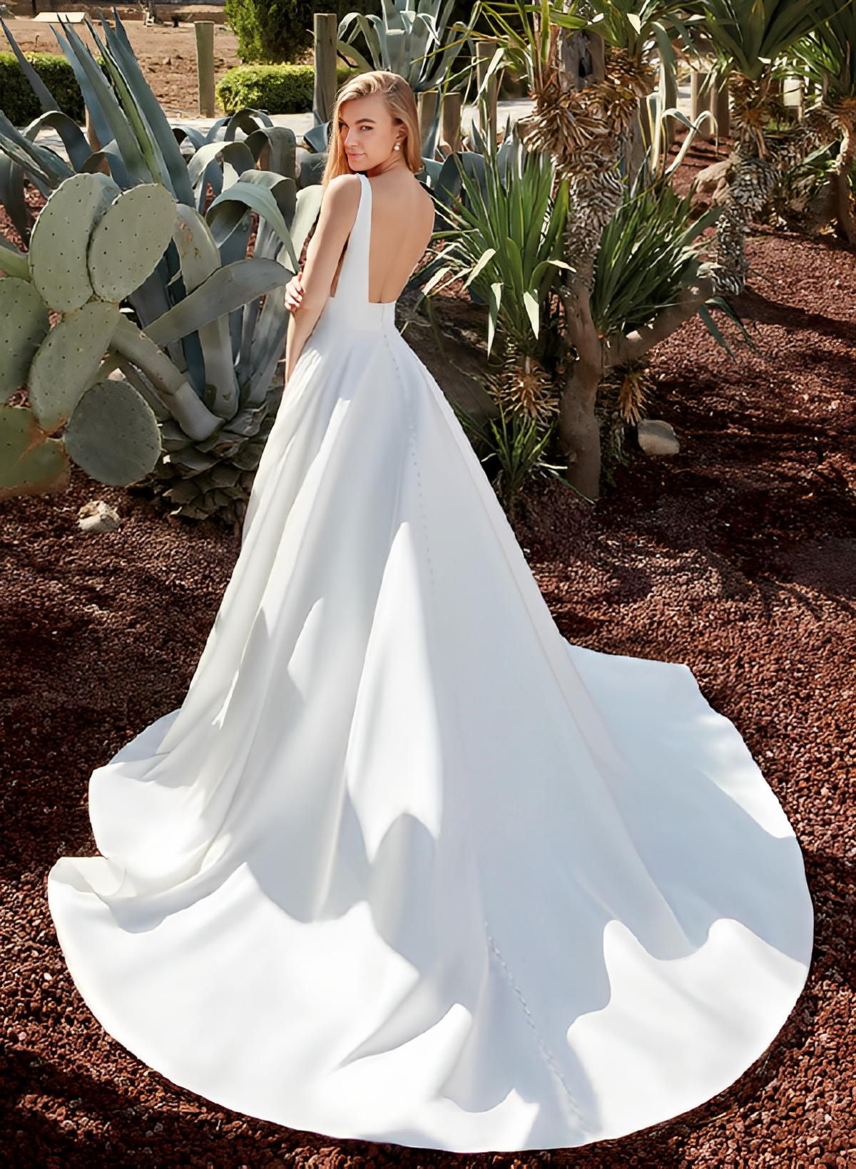 V neck Satin Wedding Dress With Open Back