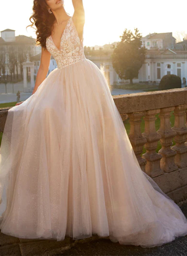 V neck Sleeveless Lace/Tulle Wedding Dress With Appliques Lace