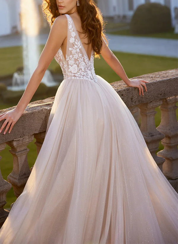 V neck Sleeveless Lace/Tulle Wedding Dress With Appliques Lace