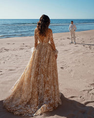 Vintage Long Sleeves Lace Wedding Dress Mermaid Tulle Bridal Gown