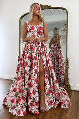 Vintage Pink Floral Square Neck Long Corset Prom Dress With Slit And Pearls Formal Evening Gown