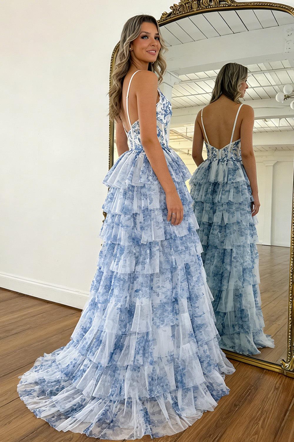 Vintage Style Blue Floral Tiered Tulle Prom Dress With Corset Bodice Formal Evening Gown