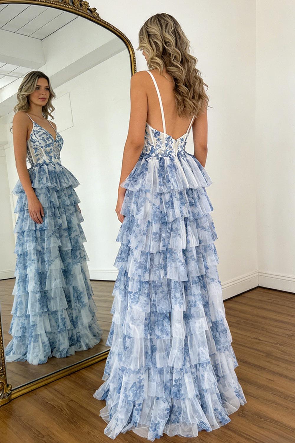 Vintage Style Blue Floral Tiered Tulle Prom Dress With Corset Bodice Formal Evening Gown