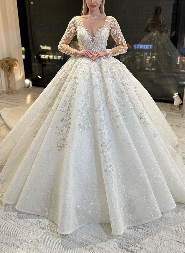 Wedding Dress: Ball Gown Illusion Neck with Long Sleeves Lace/Tulle