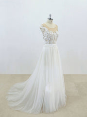 Wedding Dress Handmade Ivory Round Neck Lace Tulle Long Prom Dress Ivory Lace Bridal Gown