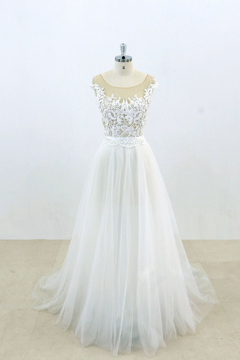 Wedding Dress Handmade Ivory Round Neck Lace Tulle Long Prom Dress Ivory Lace Bridal Gown